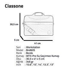 Classone BND605 WorkStation 15.6 inch Su geçirmez Kumaş, Notebook Laptop Çantası -Bordo