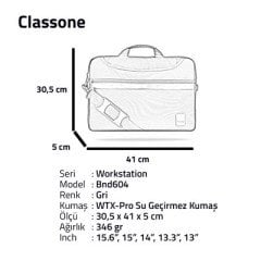 Classone BND604 WorkStation 15.6 inch Su geçirmez Kumaş, Notebook Laptop Çantası -Gri