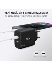 Bix BX2P45G GaN PD 45W Type-C ve USB-A QC 18W Çift Portlu Akım Korumalı Hızlı Şarj Cihazı Siyah