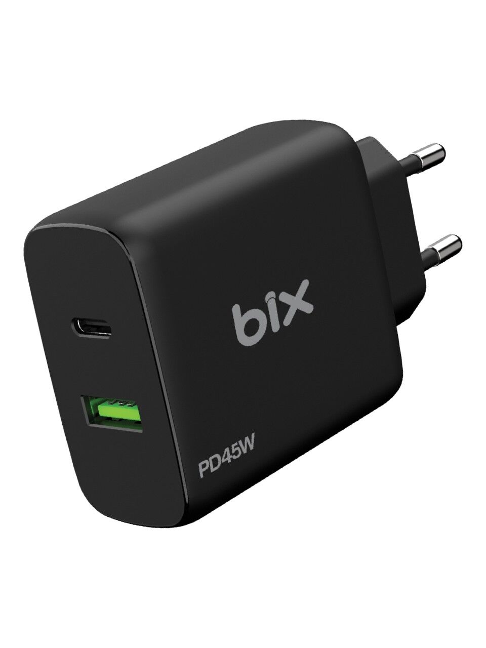 Bix BX2P45G GaN PD 45W Type-C ve USB-A QC 18W Çift Portlu Akım Korumalı Hızlı Şarj Cihazı Siyah