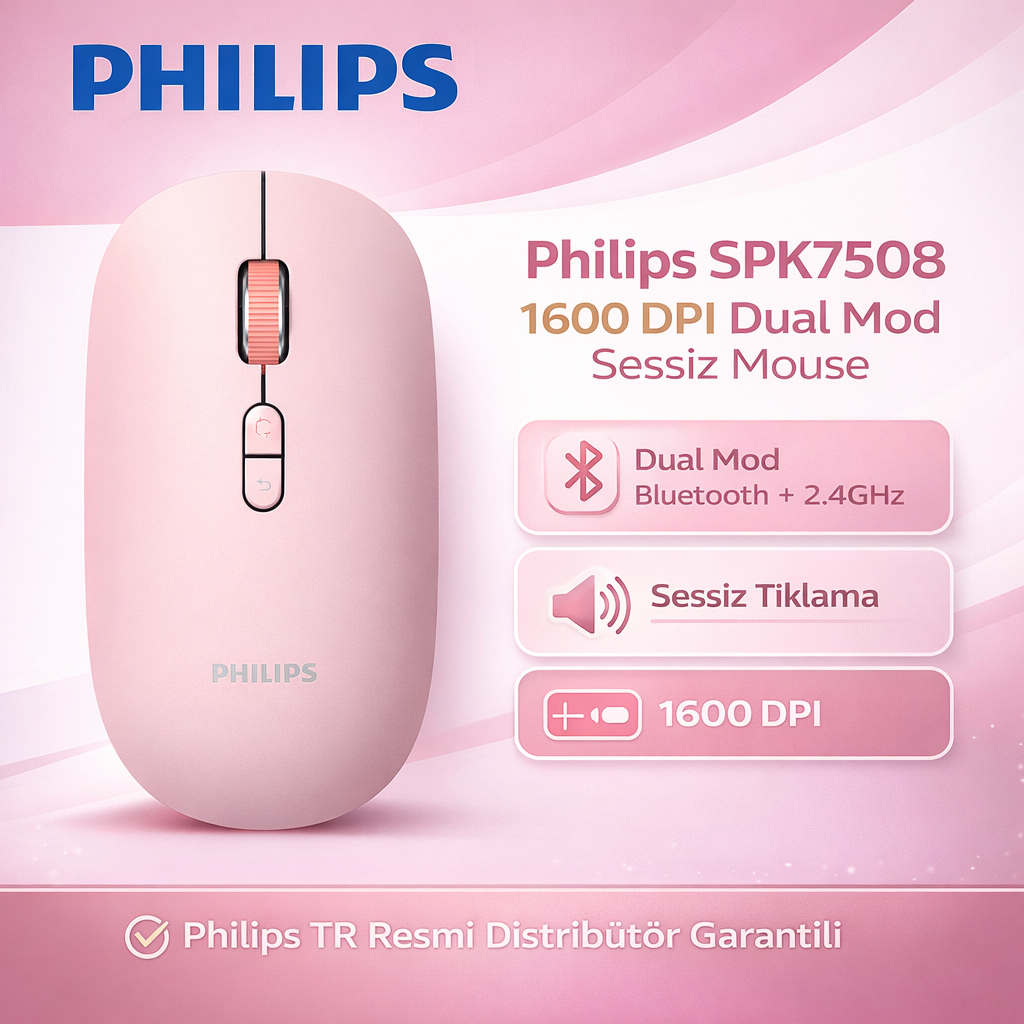 Philips SPK7508 1600 DPI 6 Tuşlu Dual Mod Optik Kablosuz Mouse - Pembe