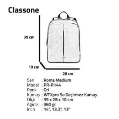 Classone PR-R144 Roma Medium Serisi WTXpro Su Geçirmez Kumaş Notebook 14 inch Sırt Çantası / Gri
