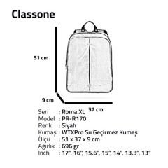 Classone PR-R170 Roma XL Serisi WTXpro Su Geçirmez Kumaş Notebook 17 inch Sırt Çantası / Siyah