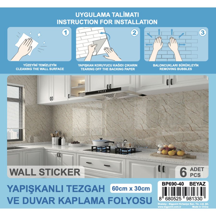 Bigpoint Yapışkanlı Tezgah Kaplama Folyosu 30x60cm Beyaz 6'lı Paket