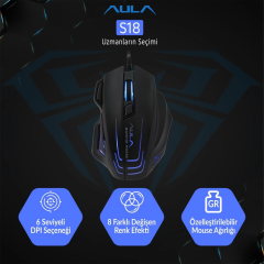 Aula S18 6400DPI RGB 7 Programlanabilir Tuş 1000Hz Kablolu Gaming Oyuncu Mouse