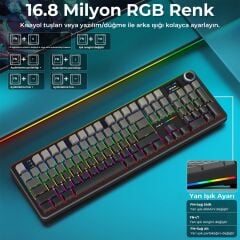 Aula F108 Pro Ekranlı Mekanik Klavye Nimbus Switch RGB Hot Swap 8000mAh Makrolu Oyuncu Klavyesi Gri
