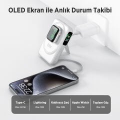 Bix TPB16 10000 mAh Hızlı Şarj MagSafe 6 sı 1 Arada OLED Ekranlı Kablosuz Powerbank Beyaz
