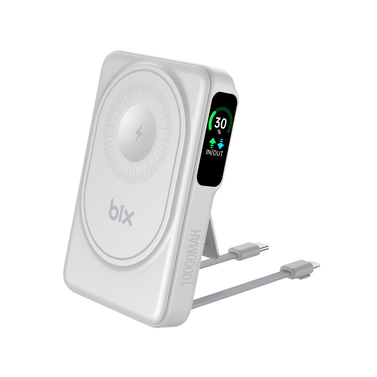Bix TPB16 10000 mAh Hızlı Şarj MagSafe 6 sı 1 Arada OLED Ekranlı Kablosuz Powerbank Beyaz