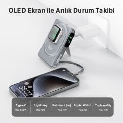 Bix TPB16 10000 mAh Hızlı Şarj MagSafe 6 sı 1 Arada OLED Ekranlı Kablosuz Powerbank Gri