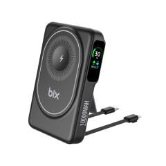 Bix TPB16 10000 mAh Hızlı Şarj MagSafe 6 sı 1 Arada OLED Ekranlı Kablosuz Powerbank Siyah