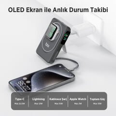 Bix TPB16 10000 mAh Hızlı Şarj MagSafe 6 sı 1 Arada OLED Ekranlı Kablosuz Powerbank Siyah