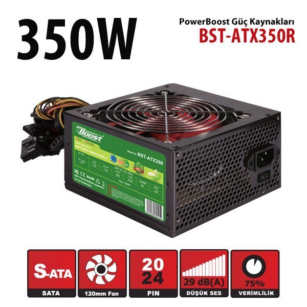 Power Boost 350w Siyah 12cm KIRMIZI fanlı ATX POWER SUPPLY (Retail Box)
