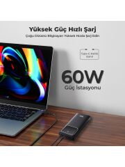 Bix PB303 30000MAH 60W 2*usb ve Type-C Pd Çıkışlı Hızlı Şarj Destekli LED Göstergeli Powerbank Siyah