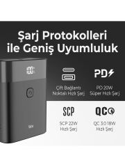 Bix PB20W 10000mAh 20W Type-C ve USB-A SCP 22.5W QC 3.0 18W Çift Çıkışlı Dijital Ekranlı Mini Powerbank