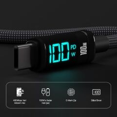 Bix BX09CC Type-C to Type-C 100W 480Mbps E-Marker Çipli LED Dijital Ekranlı Şarj ve Data Kablosu 1 Metre Siyah