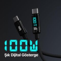 Bix BX09CC Type-C to Type-C 100W 480Mbps E-Marker Çipli LED Dijital Ekranlı Şarj ve Data Kablosu 1 Metre Siyah