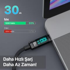 Bix BX09CC Type-C to Type-C 100W 480Mbps E-Marker Çipli LED Dijital Ekranlı Şarj ve Data Kablosu 1 Metre Siyah