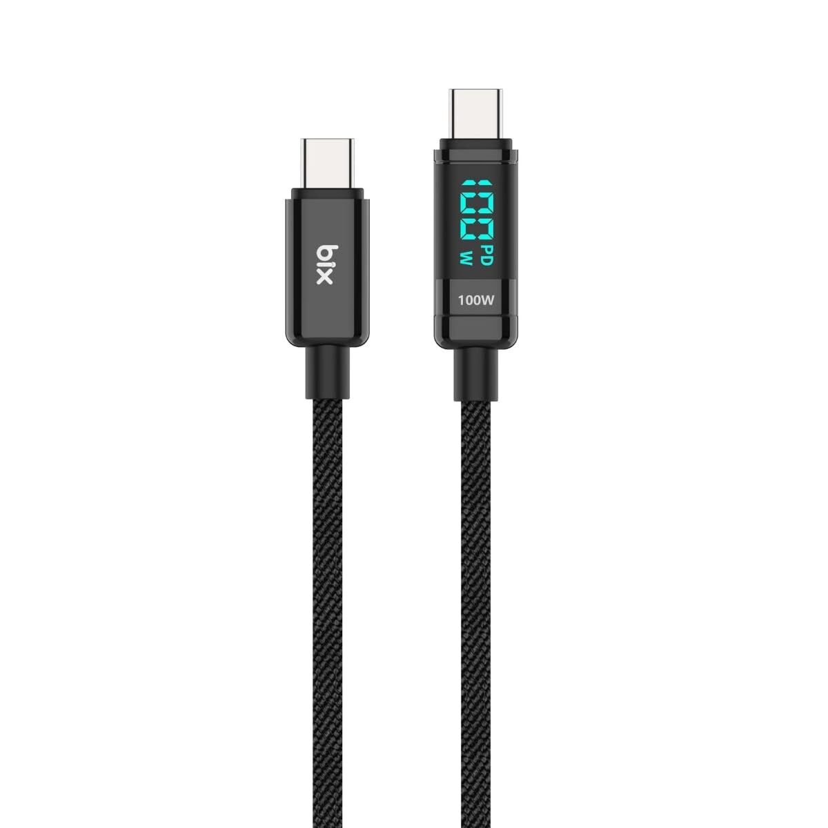 Bix BX09CC Type-C to Type-C 100W 480Mbps E-Marker Çipli LED Dijital Ekranlı Şarj ve Data Kablosu 1 Metre Siyah