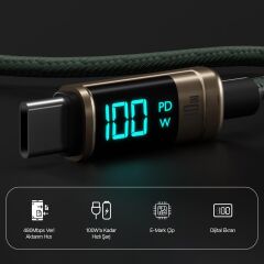 Bix BX09CC Type-C to Type-C 100W 480Mbps E-Marker Çipli LED Dijital Ekranlı Şarj ve Data Kablosu 1 Metre Bronz