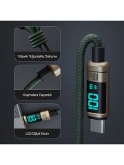 Bix BX09CC Type-C to Type-C 100W 480Mbps E-Marker Çipli LED Dijital Ekranlı Şarj ve Data Kablosu 1 Metre Bronz