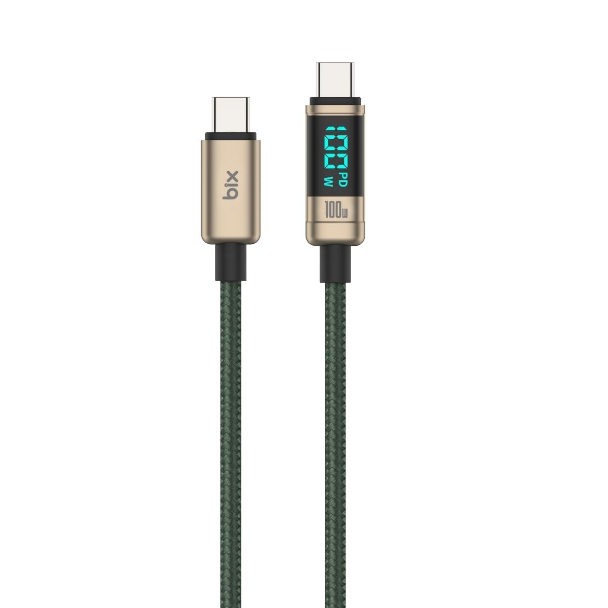 Bix BX09CC Type-C to Type-C 100W 480Mbps E-Marker Çipli LED Dijital Ekranlı Şarj ve Data Kablosu 1 Metre Bronz