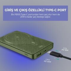 Bix PB105 Yeşil 10000 mAh Hızlı Şarj Destekli - Kablosuz - LED Göstergeli Powerbank