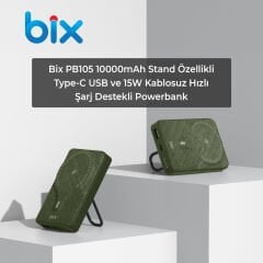 Bix PB105 Yeşil 10000 mAh Hızlı Şarj Destekli - Kablosuz - LED Göstergeli Powerbank