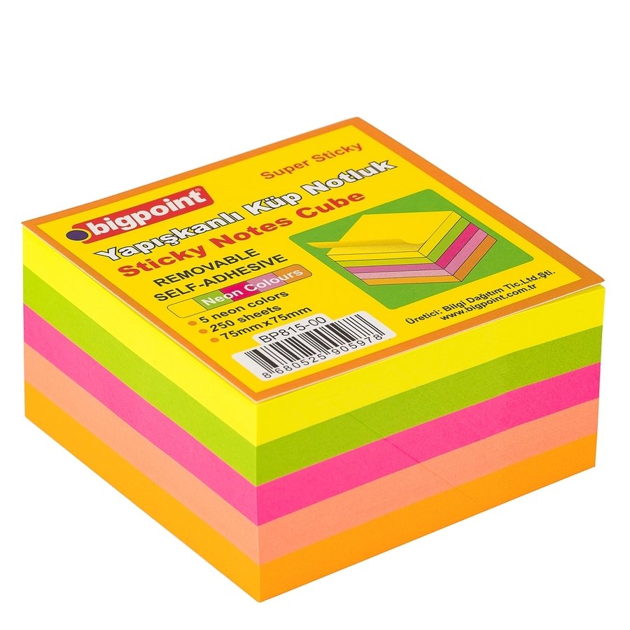 Bigpoint Yapışkanlı Not Kağıdı Super Sticky Küp 5 Renk 250 Yaprak 6'lı Paket