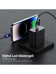 Bix BX06CL Type-C to Lightning iPhone 27W Örgülü LED Dijital Ekranlı Şarj ve Data Kablosu 1 Metre