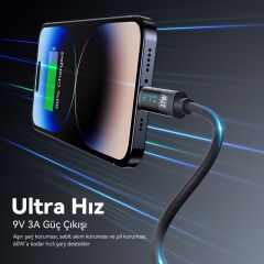Bix BX06CL Type-C to Lightning iPhone 27W Örgülü LED Dijital Ekranlı Şarj ve Data Kablosu 1 Metre