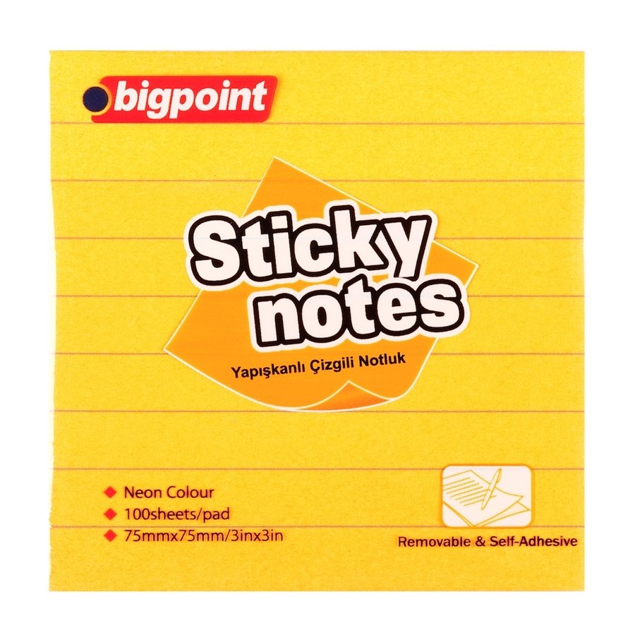 Bigpoint Yapışkanlı Not Kağıdı Çizgili 75x75mm Neon Turuncu 12'li Paket