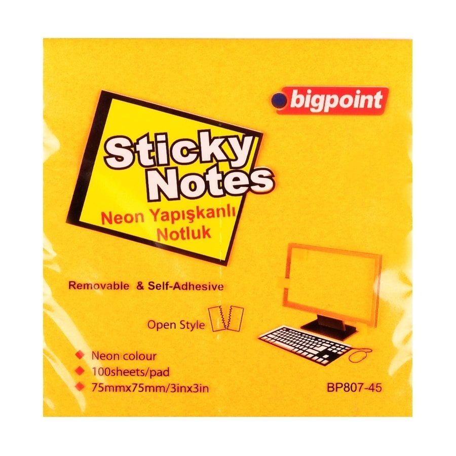 Bigpoint Yapışkanlı Not Kağıdı 75x75mm Neon Turuncu 12'li Paket