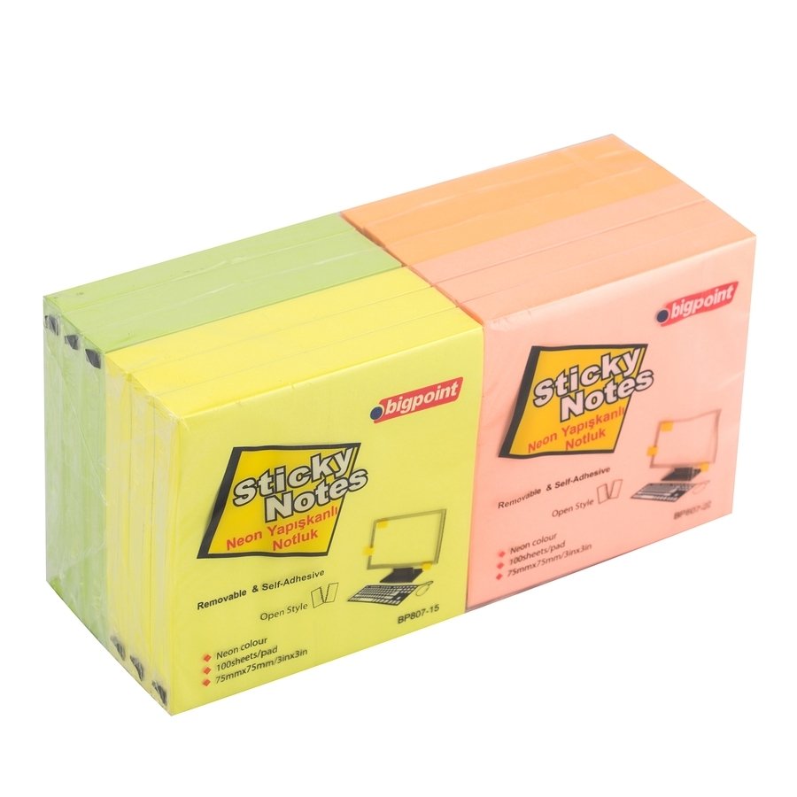 Bigpoint Yapışkanlı Not Kağıdı 75x75mm Neon 4 Renk 12'li Paket