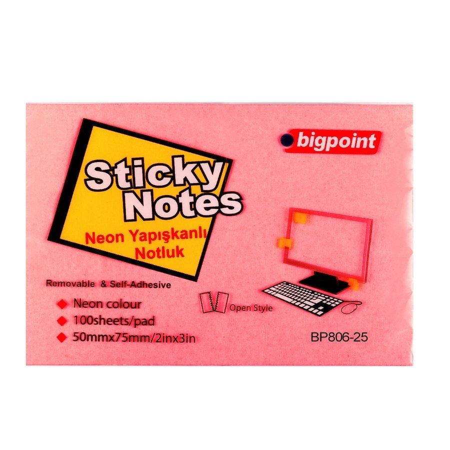 Bigpoint Yapışkanlı Not Kağıdı 75x50mm Neon Kırmızı 12'li Paket