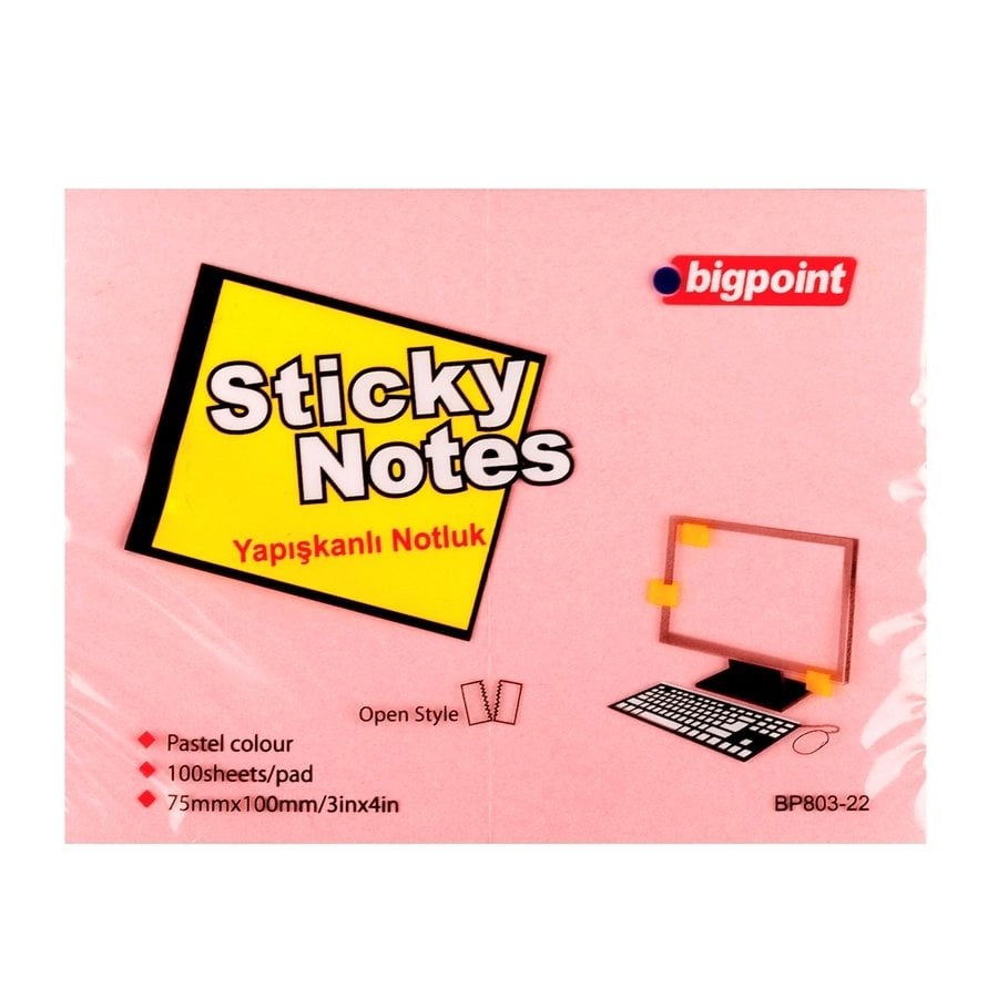 Bigpoint Yapışkanlı Not Kağıdı 75x100mm Pembe 12'li Paket