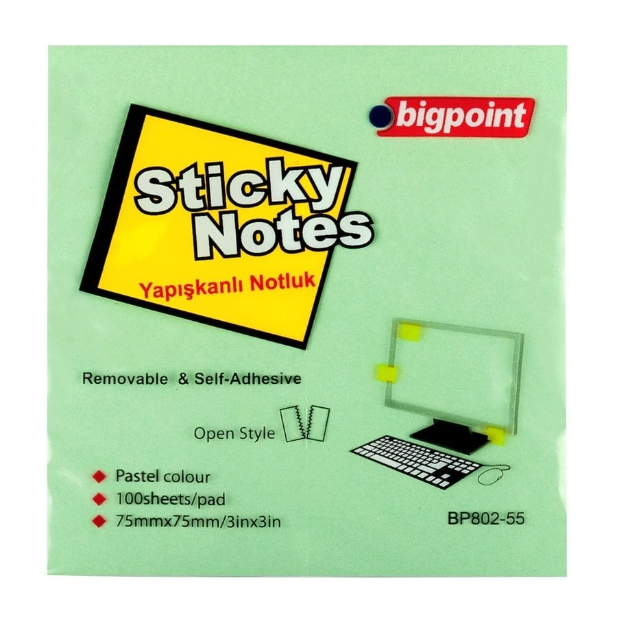 Bigpoint Yapışkanlı Not Kağıdı 75x75mm Yeşil 12'li Paket