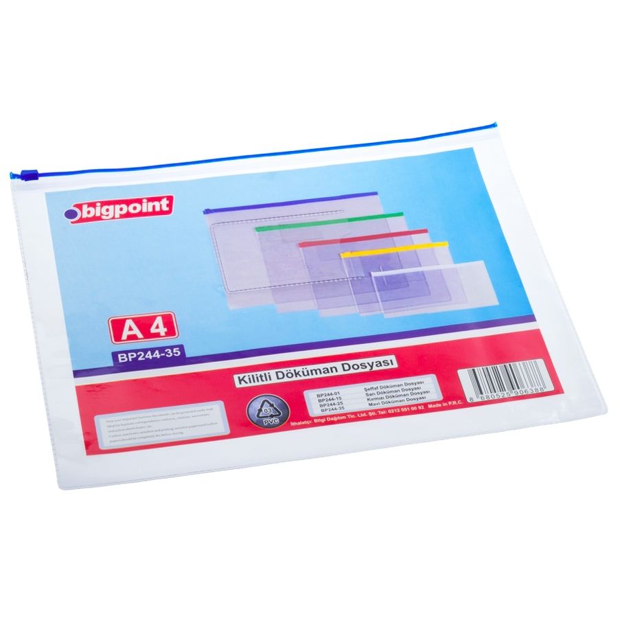 Bigpoint Döküman Dosyası A4 PVC Mavi 12'li Poşet